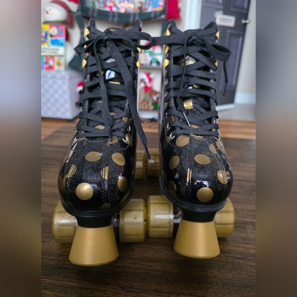 Black and Gold Polka Dot Roller Skates
